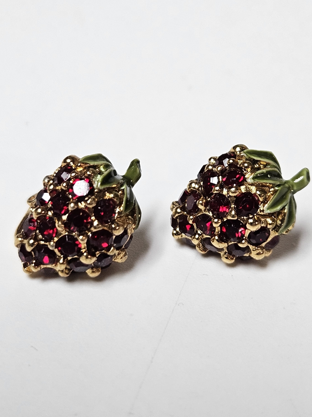 Gold-Tone Strawberry Crystal Stud Earrings with Green Enamel Leaves - Red